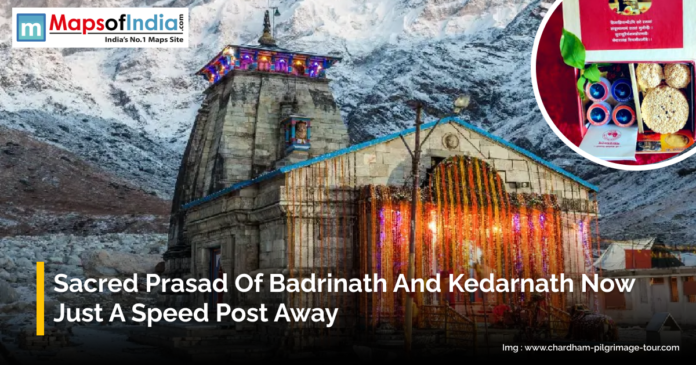 Illuminated Badrinath temple in the Himalayas with snow-covered mountains in the background. Inset shows a box of sacred prasad ready for delivery by speed post. Caption highlights that devotees can now receive prasad from Badrinath and Kedarnath conveniently at home.