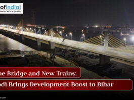 PM Modi inaugurating a six-lane bridge and new trains in Bihar, highlighting infrastructure development and connectivity improvements.