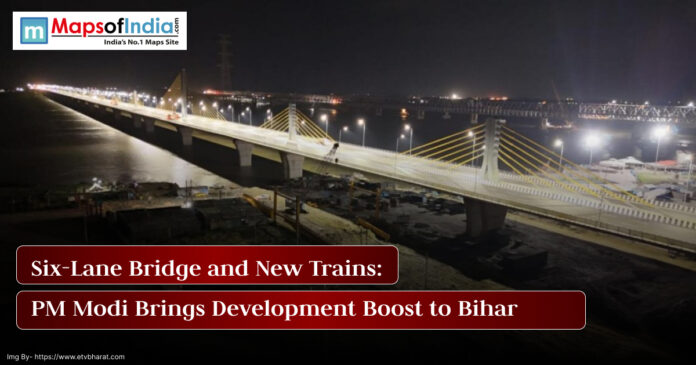 PM Modi inaugurating a six-lane bridge and new trains in Bihar, highlighting infrastructure development and connectivity improvements.