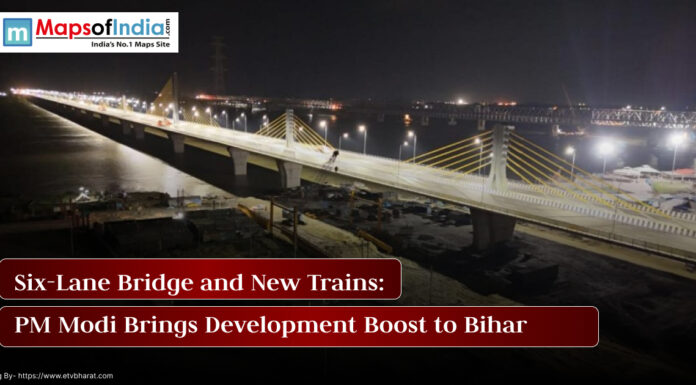 Six-Lane Bridge and New Trains: PM Modi Brings Development Boost to Bihar PM Modi inaugurating a six-lane bridge and new trains in Bihar, highlighting infrastructure development and connectivity improvements.
