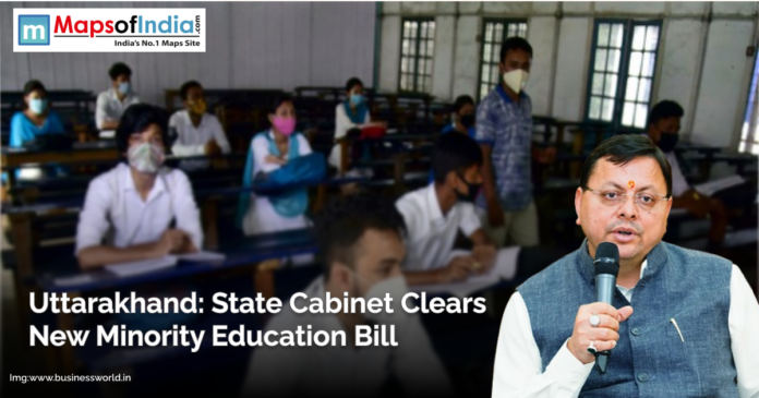 Uttarakhand Chief Minister addressing media with a microphone, alongside an image of students wearing masks in a classroom, with headline about the state cabinet clearing a new minority education bill.