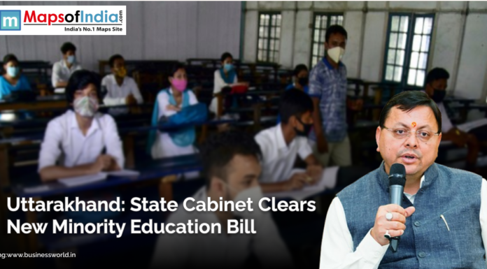 Uttarakhand: State Cabinet Clears New Minority Education Bill Uttarakhand Chief Minister addressing media with a microphone, alongside an image of students wearing masks in a classroom, with headline about the state cabinet clearing a new minority education bill.