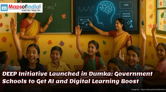 DEEP Initiative Launched in Dumka: Government Schools to Get AI and Digital Learning Boost Teacher conducting a digital learning session with school children in Dumka, showcasing the DEEP initiative that introduces AI and smart education tools in government classrooms.