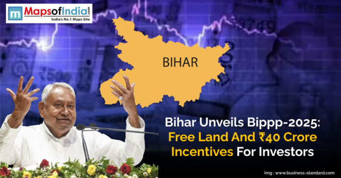 Bihar Chief Minister addressing at an event with a Bihar state map in the background, announcing BIPPP-2025 policy offering free land and ₹40 crore incentives for investors.