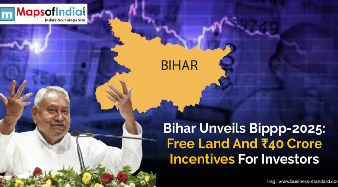 Bihar Unveils BIPPP-2025: Free Land and ₹40 Crore Incentives for Investors Bihar Chief Minister addressing at an event with a Bihar state map in the background, announcing BIPPP-2025 policy offering free land and ₹40 crore incentives for investors.