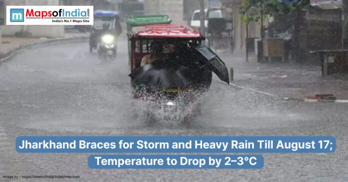 Auto-rickshaw driving through a waterlogged street during heavy rain in Jharkhand, with people using umbrellas, as a weather alert warns of storms and rainfall till August 17, causing a 2–3°C temperature drop.