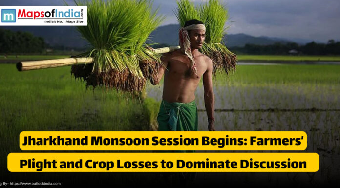 Jharkhand Monsoon Session Begins: Farmers’ Plight and Crop Losses to Dominate Discussion A farmer carrying bundles of rice seedlings on his shoulders in a lush green paddy field, highlighting the focus on agricultural issues in Jharkhand's monsoon session.