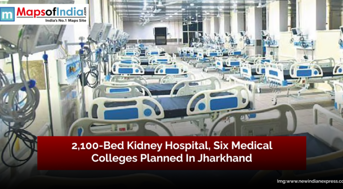 2,100-Bed Kidney Hospital, Six Medical Colleges Planned in Jharkhand Hospital ward with multiple rows of empty modern hospital beds equipped with medical monitors and equipment, representing the planned 2,100-bed kidney hospital and six new medical colleges in Jharkhand.