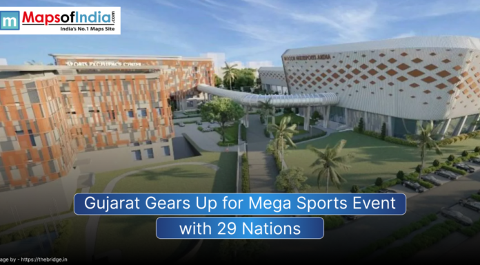 Gujarat Gears Up for Mega Sports Event with 29 Nations Ariel image of Veer Savarkar Sports Stadium