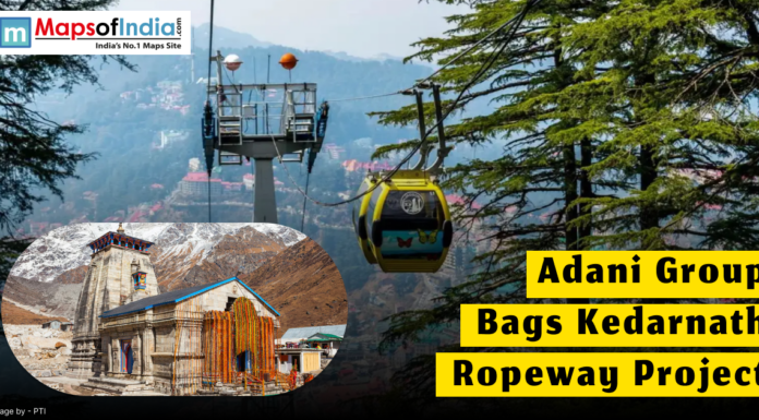 Adani Group Bags Kedarnath Ropeway Project Image showing a cable car ropeway with trees and mountains in the background, inset with a picture of Kedarnath Temple, alongside headline text reading 'Adani Group Bags Kedarnath Ropeway Project'