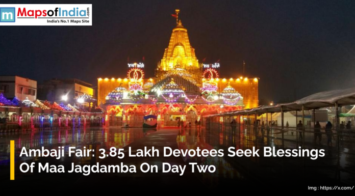 Ambaji Fair: 3.85 Lakh Devotees Seek Blessings of Maa Jagdamba on Day Two Ambaji temple illuminated with colorful lights during the fair, where lakhs of devotees gathered to seek blessings of Maa Jagdamba.