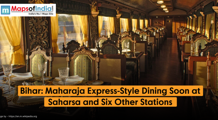 Bihar: Maharaja Express-Style Dining Soon at Saharsa and Six Other Stations Elegant Maharaja Express-style dining car interior with ornate chairs and set tables, announcing new dining service soon at Saharsa and six other stations in Bihar.