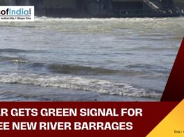 News graphic showing river water with headline: Bihar gets green signal for three new river barrages, published by Maps of India.