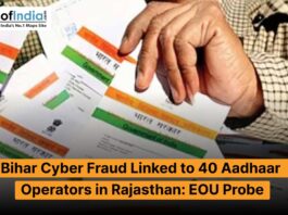 A person holding multiple Aadhaar cards with a headline stating 'Bihar Cyber Fraud Linked to 40 Aadhaar Operators in Rajasthan: EOU Probe'.