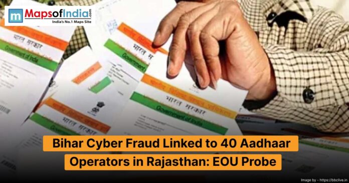 A person holding multiple Aadhaar cards with a headline stating 'Bihar Cyber Fraud Linked to 40 Aadhaar Operators in Rajasthan: EOU Probe'.