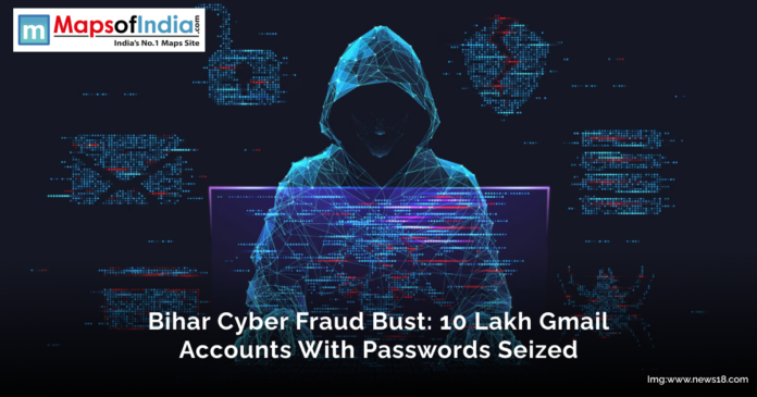 Digital illustration of a hooded hacker with glowing data graphics, representing the Bihar cyber fraud bust where 10 lakh Gmail accounts with passwords were seized