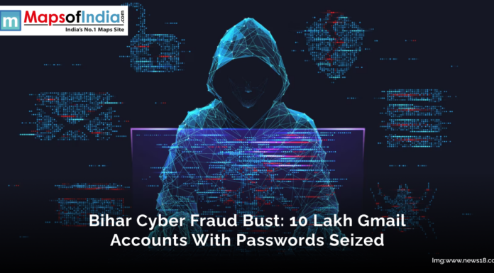Bihar Cyber Fraud Bust: 10 Lakh Gmail Accounts with Passwords Seized Digital illustration of a hooded hacker with glowing data graphics, representing the Bihar cyber fraud bust where 10 lakh Gmail accounts with passwords were seized