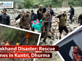 A collage of three photos depicting rescue efforts after a disaster in Uttarakhand. The top image shows uniformed personnel walking through a muddy, rocky landscape with a collapsed bridge in the background.