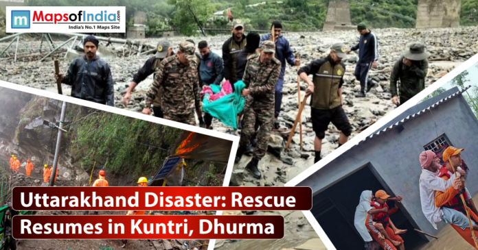 A collage of three photos depicting rescue efforts after a disaster in Uttarakhand. The top image shows uniformed personnel walking through a muddy, rocky landscape with a collapsed bridge in the background.