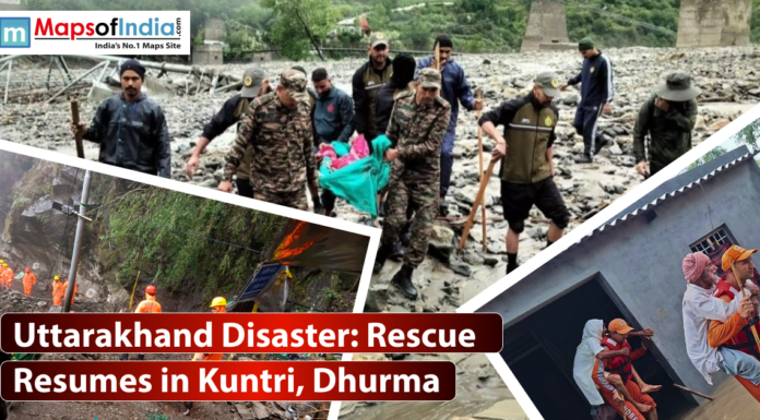 Uttarakhand Disaster: Rescue Resumes in Kuntri, Dhurma A collage of three photos depicting rescue efforts after a disaster in Uttarakhand. The top image shows uniformed personnel walking through a muddy, rocky landscape with a collapsed bridge in the background.