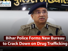 A medium close-up of a police officer, dressed in a formal uniform, sitting at a desk and speaking. The text "Bihar Police Forms New Bureau to Crack Down on Drug Trafficking" is superimposed on a dark, solid banner at the bottom of the image.