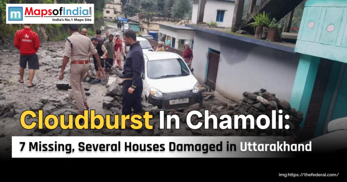 Rescue teams and locals clear debris after a cloudburst in Chamoli, Uttarakhand, which left 7 missing and damaged several houses.