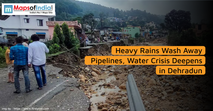 Heavy rains cause destruction in Dehradun, washing away pipelines and worsening the water crisis as people inspect the damaged area.