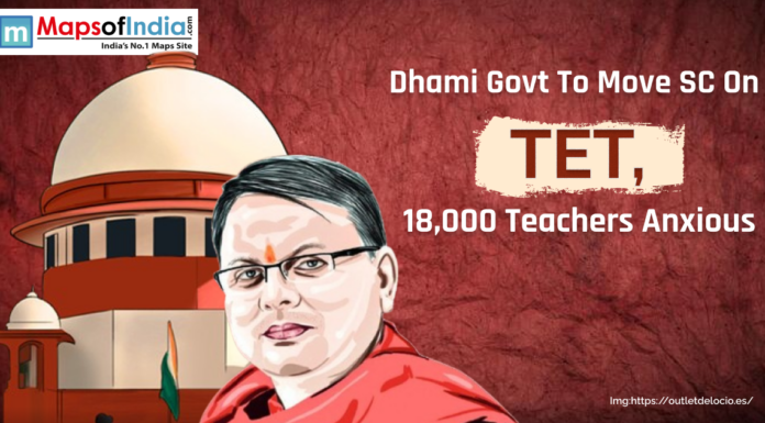Dhami Govt to Move SC on TET, 18,000 Teachers Anxious Illustration of Uttarakhand CM Pushkar Singh Dhami in front of the Supreme Court building with headline text 'Dhami Govt To Move SC On TET, 18,000 Teachers Anxious' and Maps of India logo.