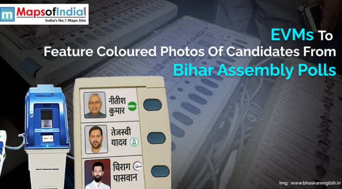 EVMs to Feature Coloured Photos of Candidates from Bihar Assembly Polls Electronic Voting Machine (EVM) showing candidates with their colored photos and symbols for Bihar Assembly Elections, alongside a ballot unit and control unit.