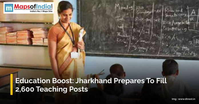 Female teacher in a classroom with students in Jharkhand, as the state prepares to fill 2,600 new teaching posts to boost education.