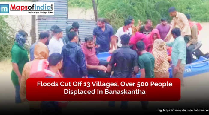 Floods Cut Off 13 Villages, Over 500 People Displaced in Banaskantha Rescue teams evacuating stranded villagers in Banaskantha after floods cut off 13 villages and displaced over 500 people