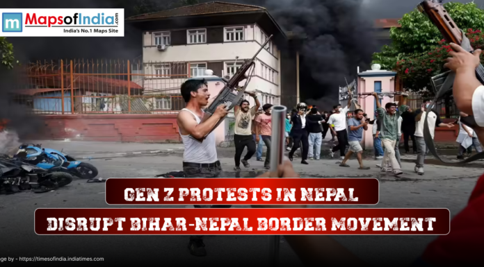 Gen Z Protests in Nepal Disrupt Bihar-Nepal Border Movement Protesters in Nepal carrying weapons and demonstrating on the streets with smoke and burning vehicles in the background, as clashes disrupt Bihar-Nepal border movement.
