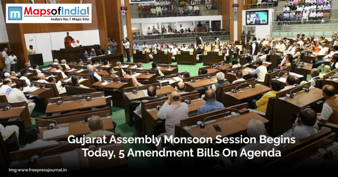 Gujarat Assembly Monsoon Session in progress with members discussing 5 amendment bills.