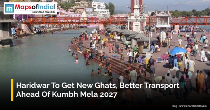 Crowds gathered at ghats along the Ganga river in Haridwar, with text announcing new ghats and improved transport ahead of Kumbh Mela 2027