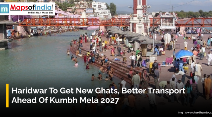 Haridwar to Get New Ghats, Better Transport Ahead of Kumbh Mela 2027 Crowds gathered at ghats along the Ganga river in Haridwar, with text announcing new ghats and improved transport ahead of Kumbh Mela 2027