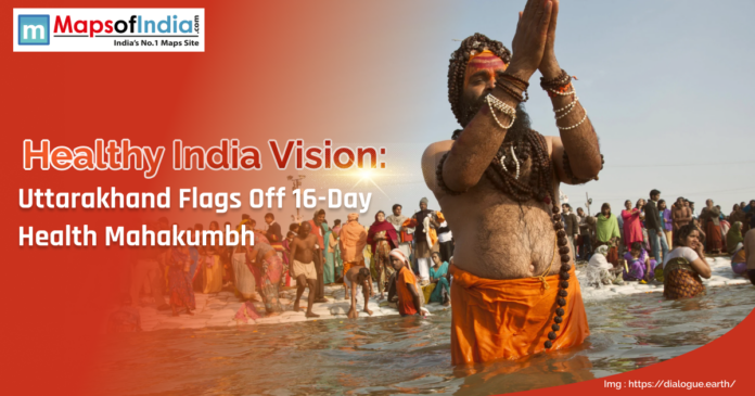 Devotees gather at the river during the 16-day Health Mahakumbh in Uttarakhand, part of the Healthy India Vision initiative.