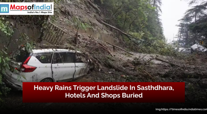 Heavy Rains Trigger Landslide in Sasthdhara, Hotels and Shops Buried A landslide in Sasthdhara triggered by heavy rains, with a car trapped under debris, fallen trees, and mud covering the road