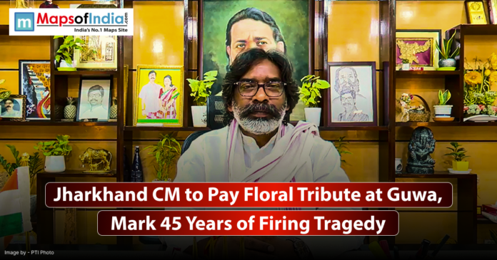 Jharkhand chief minister seated at a desk with decorative shelves and framed artwork in the background; text mentions floral tribute for Guwa firing tragedy anniversary.