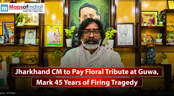 Jharkhand CM to Pay Floral Tribute at Guwa, Mark 45 Years of Firing Tragedy Jharkhand chief minister seated at a desk with decorative shelves and framed artwork in the background; text mentions floral tribute for Guwa firing tragedy anniversary.