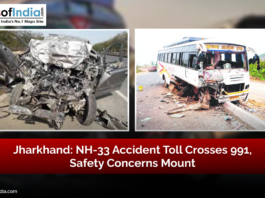Damaged vehicles including a crushed car and a bus after a collision on NH-33 in Jharkhand, highlighting rising accident toll and safety concerns.