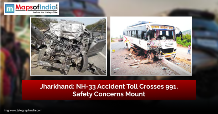 Damaged vehicles including a crushed car and a bus after a collision on NH-33 in Jharkhand, highlighting rising accident toll and safety concerns.