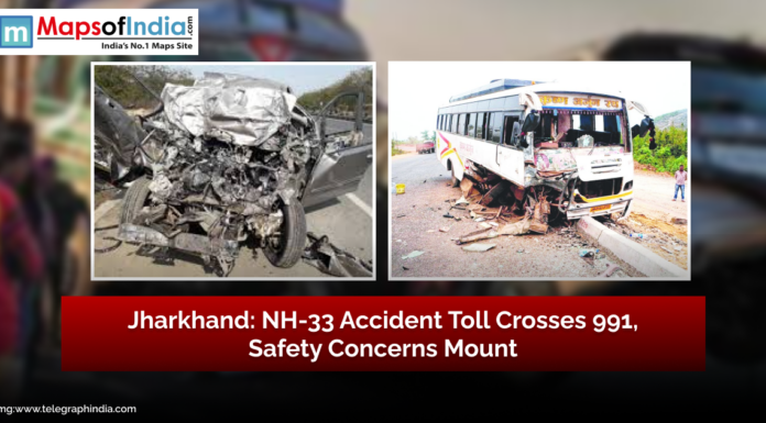 Jharkhand: NH-33 Accident Toll Crosses 991, Safety Concerns Mount Damaged vehicles including a crushed car and a bus after a collision on NH-33 in Jharkhand, highlighting rising accident toll and safety concerns.