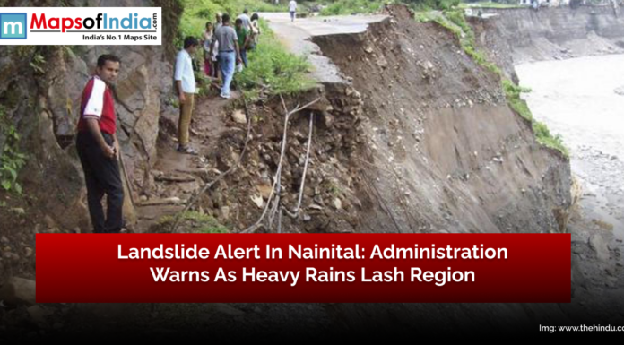 Landslide Alert in Nainital: Administration Warns as Heavy Rains Lash Region Landslide-affected road in Nainital with people standing nearby, as administration issues warning after heavy rains.