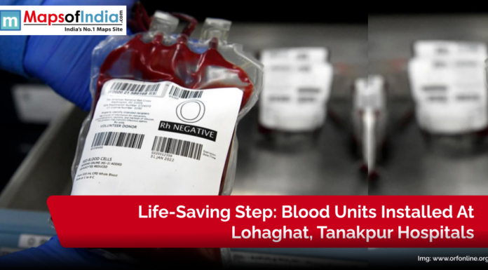 Life-Saving Step: Blood Units Installed at Lohaghat, Tanakpur Hospitals Close-up of an O negative blood unit held by a medical worker, highlighting the installation of life-saving blood units at Lohaghat and Tanakpur hospitals.
