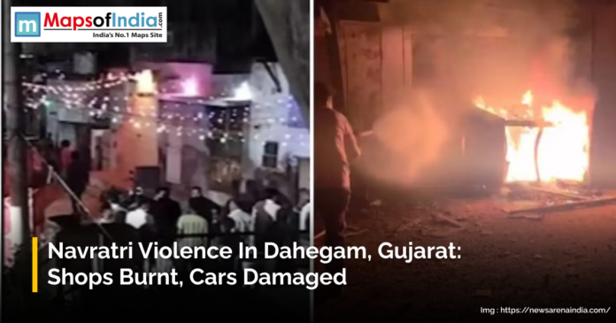 Images showing Navratri violence in Dahegam, Gujarat, featuring a crowd gathered on a street decorated with lights and a scene of a car or object burning, causing flames and smoke.