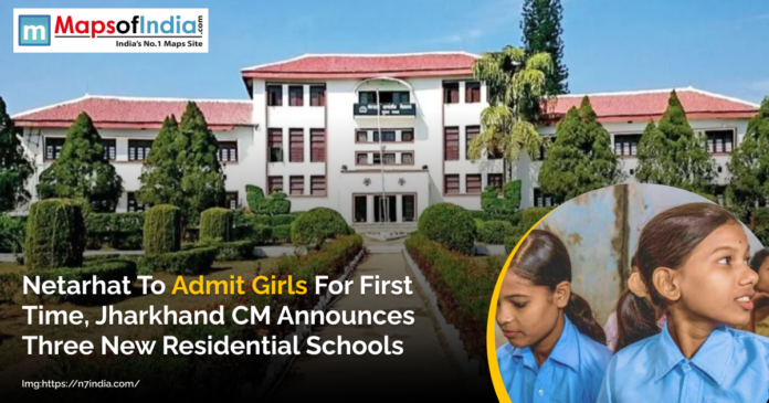 Netarhat Residential School building with announcement of girls’ admission for the first time, alongside images of schoolgirls in uniform.