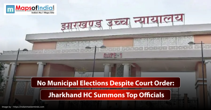 Jharkhand High Court building with headline text overlay stating 'No Municipal Elections Despite Court Order: Jharkhand HC Summons Top Officials'.