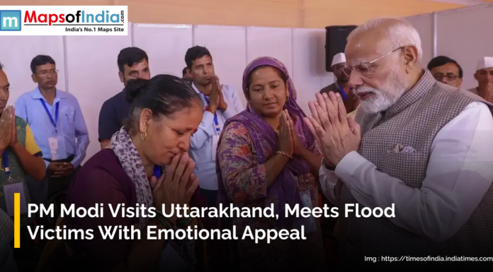 PM Modi Visits Uttarakhand, Meets Flood Victims with Emotional Appeal Prime Minister Narendra Modi folds his hands in respect while meeting and consoling flood victims during his visit to Uttarakhand, surrounded by people with emotional expressions.