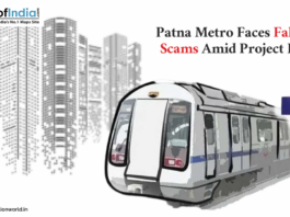 Illustration of a metro train and signage with the text 'Patna' in Hindi, alongside a cityscape background and headline text reading 'Patna Metro Faces Fake Job Scams Amid Project Delay'.