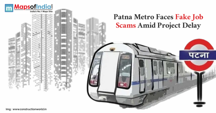 Illustration of a metro train and signage with the text 'Patna' in Hindi, alongside a cityscape background and headline text reading 'Patna Metro Faces Fake Job Scams Amid Project Delay'.